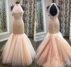 Champagne Mermaid Tulle Beading Mermaid Backless Corset Prom Dresses With Beading For Teens Gowns, Evening Dresses Mermaid