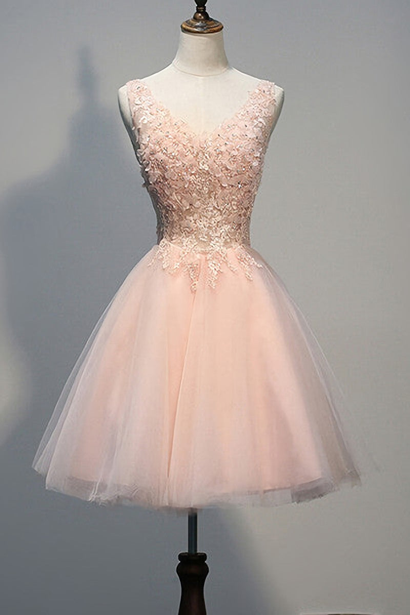 Blush Pink V Neck Applique Short Top Selling 2024 Corset Homecoming Dresses outfit, Prom Dresses2040