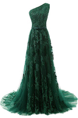 Forest Green Lace Appliques Tulle Floor Length Corset Prom Dress, Featuring One Shoulder Bodice With Bow Accent Belt outfits, Evening Dresses Modest