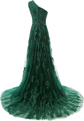 Forest Green Lace Appliques Tulle Floor Length Corset Prom Dress, Featuring One Shoulder Bodice With Bow Accent Belt outfits, Evening Dress Yellow
