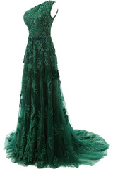 Forest Green Lace Appliques Tulle Floor Length Corset Prom Dress, Featuring One Shoulder Bodice With Bow Accent Belt outfits, Evening Dresses 1943S