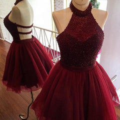 burgundy short halter sparkly semi beaded Corset Homecoming Dresses outfit, Dark Red Dress