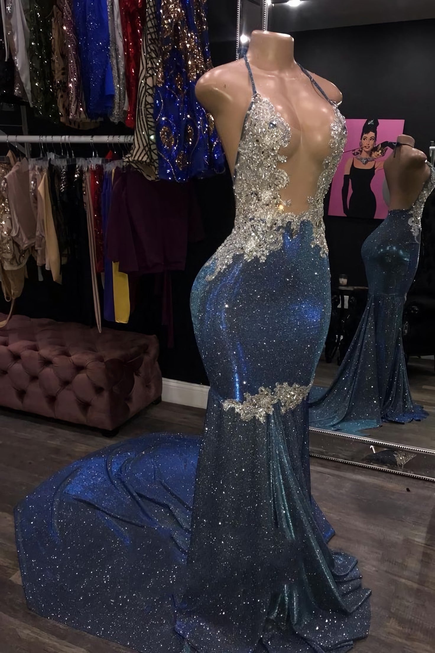 Long Halter Sheath Blue Open Front Backless Corset Prom Dresses outfit, Prom Dresses Patterns