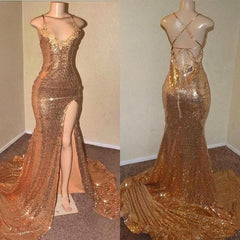 Lace Up Gold Halter Back Side Slit Long Sequence Corset Prom Dresses outfit, Prom Dresses 07