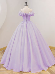 Purple A-Line Off Shoulder Long Corset Prom Dresses, Purple Sweet 16 Dress outfit, Prom Dresses For Short Girl