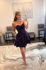 Purple A-Line Sweetheart Sequins Short Corset Homecoming Dress with Pockets Gowns, Purple A-Line Sweetheart Sequins Short Homecoming Dress with Pockets