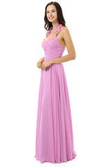 Purple Chiffon Halter Backless With Pleats Corset Bridesmaid Dresses outfit, Party Dress Outfits