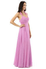 Purple Chiffon Halter Backless With Pleats Corset Bridesmaid Dresses outfit, Party Dresses Cheap