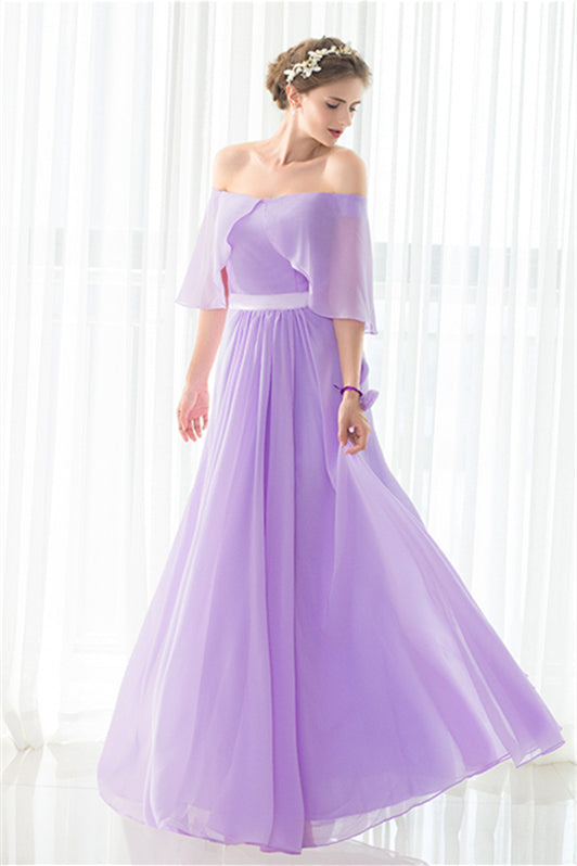Purple Chiffon Off The Shoulder Long Corset Bridesmaid Dresses outfit, Party Dresses With Sleeves