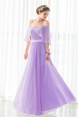 Purple Chiffon Off The Shoulder Long Corset Bridesmaid Dresses outfit, Party Dresses With Sleeves