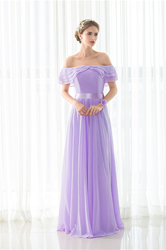 Purple Chiffon Off The Shoulder Long Corset Bridesmaid Dresses outfit, Party Dresses Night Out