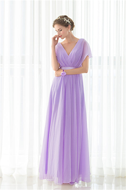 Purple Chiffon V-neck Backless Pleats Long Corset Bridesmaid Dresses outfit, Party Dresses For Summer