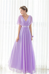 Purple Chiffon V-neck Backless Pleats Long Corset Bridesmaid Dresses outfit, Party Dresses For Teenage Girls