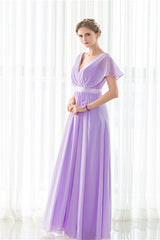 Purple Chiffon V-neck Backless Pleats Long Corset Bridesmaid Dresses outfit, Party Dresses For Teenage Girl