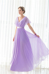 Purple Chiffon V-neck Backless Pleats Long Corset Bridesmaid Dresses outfit, Party Dress For Teenage Girl