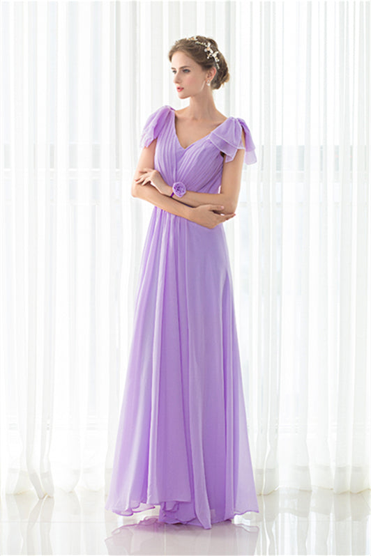 Purple Chiffon V-neck Backless Pleats Long Corset Bridesmaid Dresses outfit, Party Dresses Indian