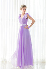 Purple Chiffon V-neck Backless Pleats Long Corset Bridesmaid Dresses outfit, Party Dress Indian