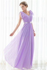 Purple Chiffon V-neck Backless Pleats Long Corset Bridesmaid Dresses outfit, Party Dress Long Sleeve