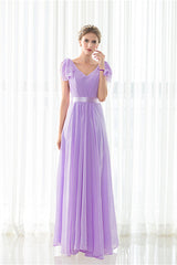 Purple Chiffon V-neck Backless Pleats Long Corset Bridesmaid Dresses outfit, Party Dress Name