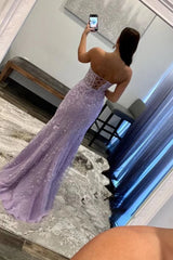 Purple Corset Sweetheart Long Lace Corset Prom Dress with Slit Gowns, Purple Corset Sweetheart Long Lace Prom Dress with Slit