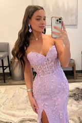 Purple Corset Sweetheart Long Lace Corset Prom Dress with Slit Gowns, Purple Corset Sweetheart Long Lace Prom Dress with Slit