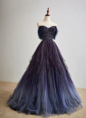 Purple Gradient Off Shoulder Beaded Sweetheart Corset Prom Dress, Purple Long Tulle Corset Formal Dress outfit, Bridesmaids Dresses Winter