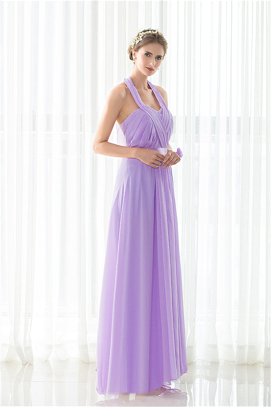 Purple Halter Chiffon Backless Pleats Long Corset Bridesmaid Dresses outfit, Party Dresses Mini