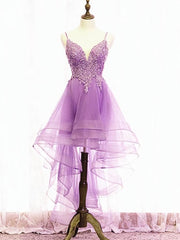 Purple High Low Lace Corset Prom Dresses, Light Purple High Low Lace Corset Formal Corset Homecoming Dresses outfit, Bridesmaids Dresses Floral