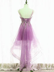 Purple High Low Lace Corset Prom Dresses, Light Purple High Low Lace Corset Formal Corset Homecoming Dresses outfit, Bridesmaid Dress Lavender