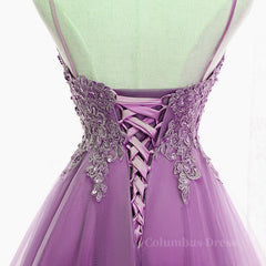 Purple High Low Lace Corset Prom Dresses, Light Purple High Low Lace Corset Formal Corset Homecoming Dresses outfit, Bridesmaid Dressese Lavender