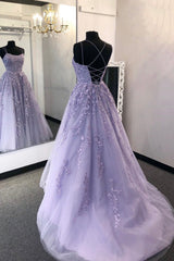 Purple Lace Long A-Line Corset Prom Dress, Spaghetti Strap Backless Evening Dress outfit, Bridesmaid Dress Under 110