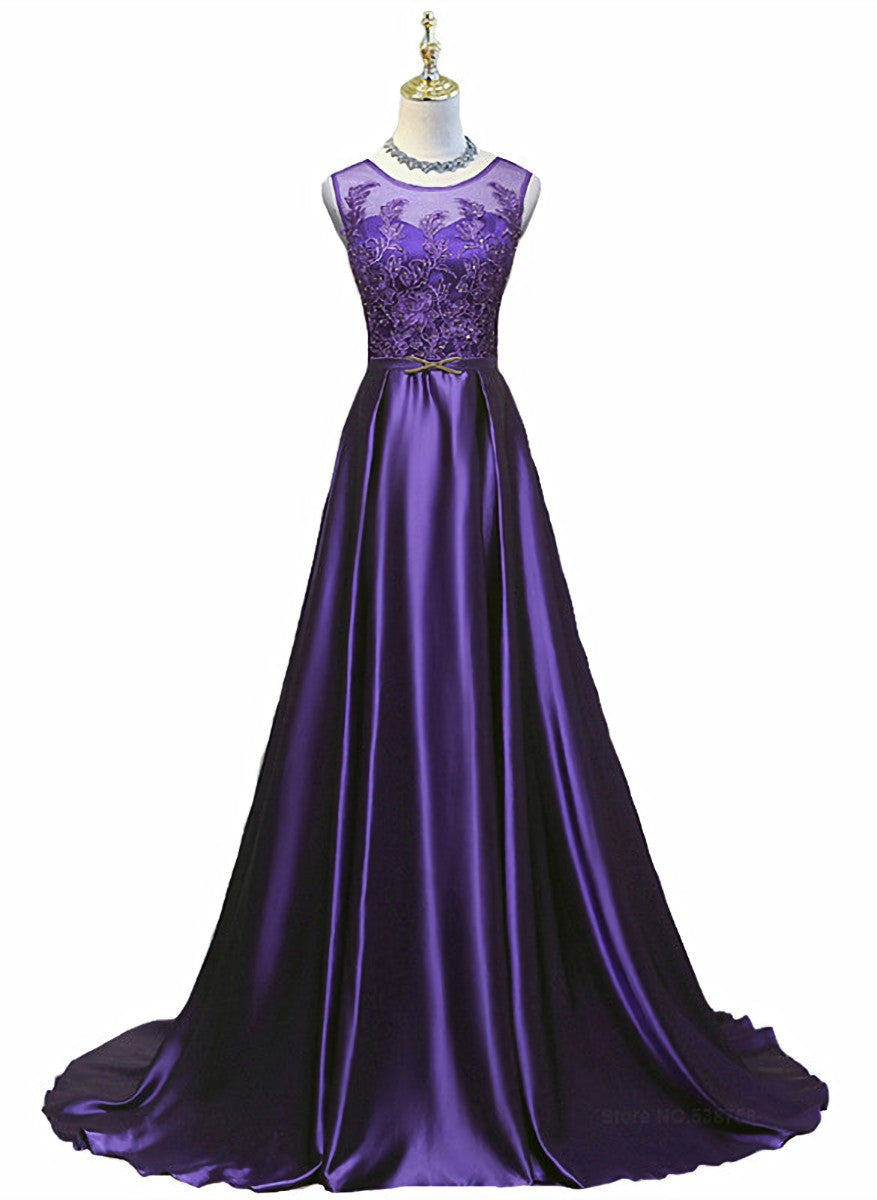 Purple Long Round Neckline Corset Prom Dress, Satin Corset Wedding Party Dress Outfits, Wedding Dress Perfect For Summer