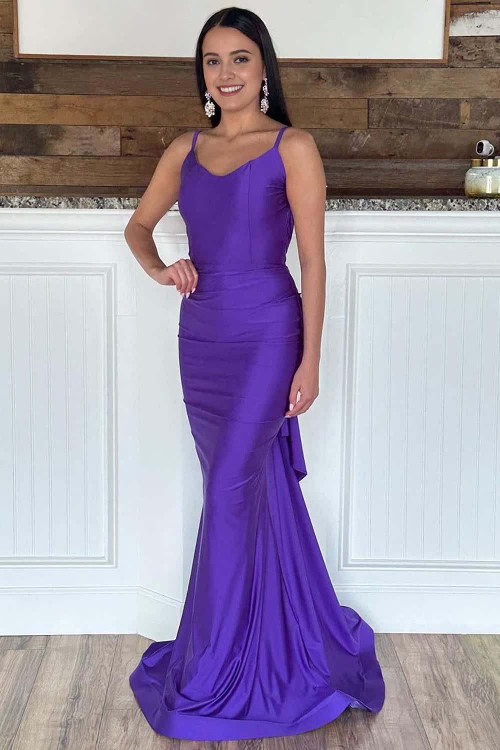 Purple Mermaid Long Corset Prom Dress with Ruffles Gowns, Purple Mermaid Long Prom Dress with Ruffles