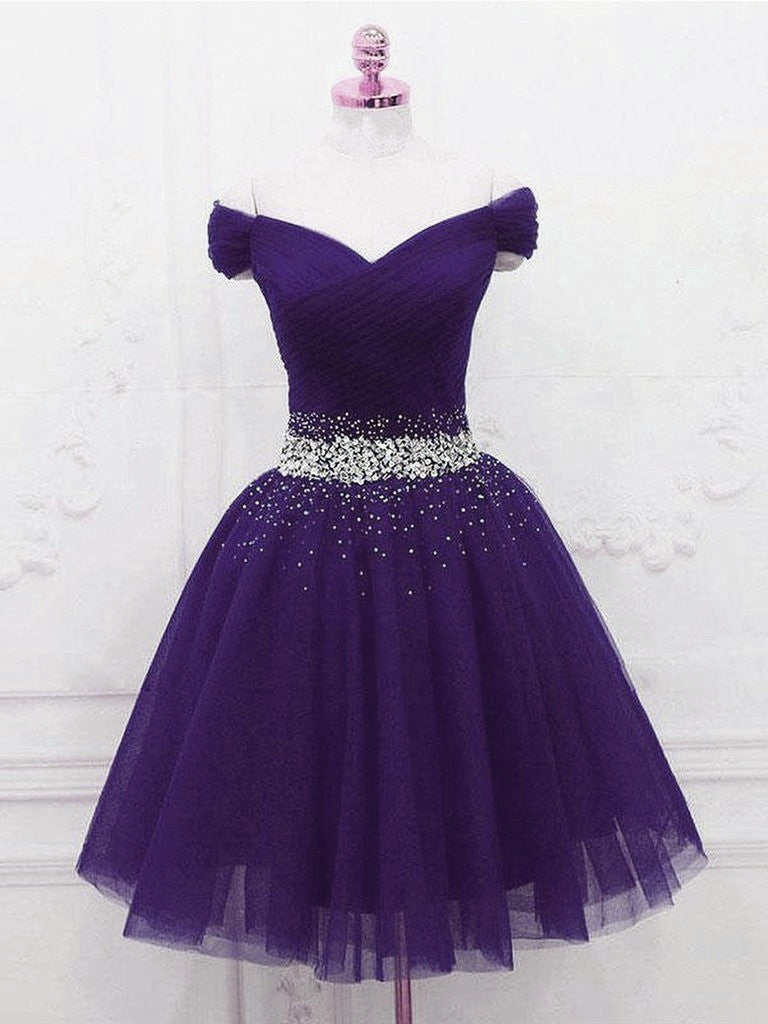 Purple Off Shoulder Knee Length Beaded Tulle Corset Homecoming Dress, Sweetheart Short Corset Prom Dress outfits, Bridesmaid Dresses Chiffon