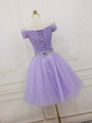 Purple Off Shoulder Tulle Sequin Corset Prom Dress Purple Puffy Corset Homecoming Dress outfit, Evening Dresses Ball Gown