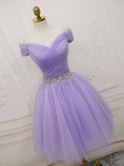 Purple Off Shoulder Tulle Sequin Corset Prom Dress Purple Puffy Corset Homecoming Dress outfit, Evening Dresses Vintage