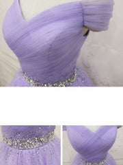 Purple Off Shoulder Tulle Sequin Corset Prom Dress Purple Puffy Corset Homecoming Dress outfit, Evening Dress Fitted