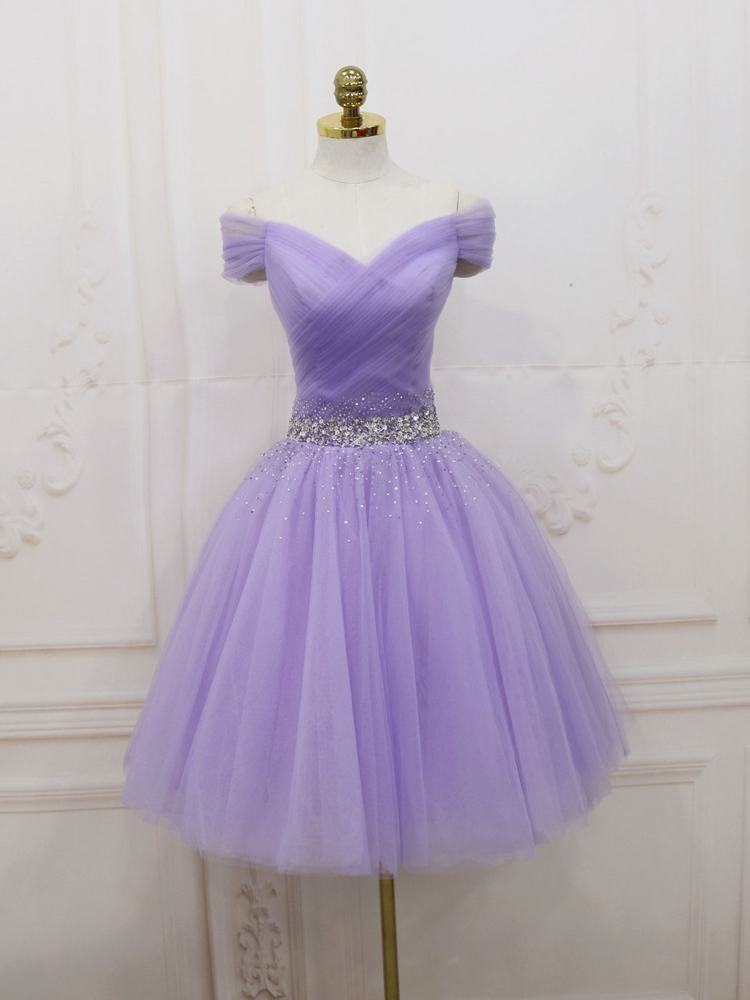 Purple Off Shoulder Tulle Sequin Corset Prom Dress Purple Puffy Corset Homecoming Dress outfit, Evenning Dresses Short