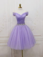 Purple Off Shoulder Tulle Sequin Corset Prom Dress Purple Puffy Corset Homecoming Dress outfit, Evenning Dresses Short