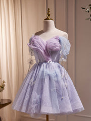 Purple Off Shoulder Tulle Short Corset Prom Dress, Purple Corset Homecoming Dress outfit, Homecoming Dress Classy
