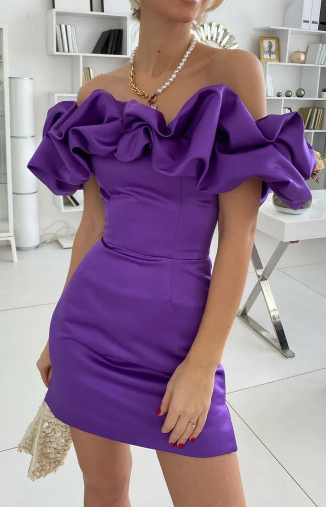 Purple Off the Shoulder Bodycon Corset Homecoming Dresses Satin Maxi Cocktail Dress outfit, Dress Ideas