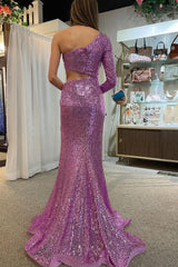 Purple One Shoulder Cut Out Mermaid Corset Prom Dress outfits, Purple One Shoulder Cut Out Mermaid Prom Dress