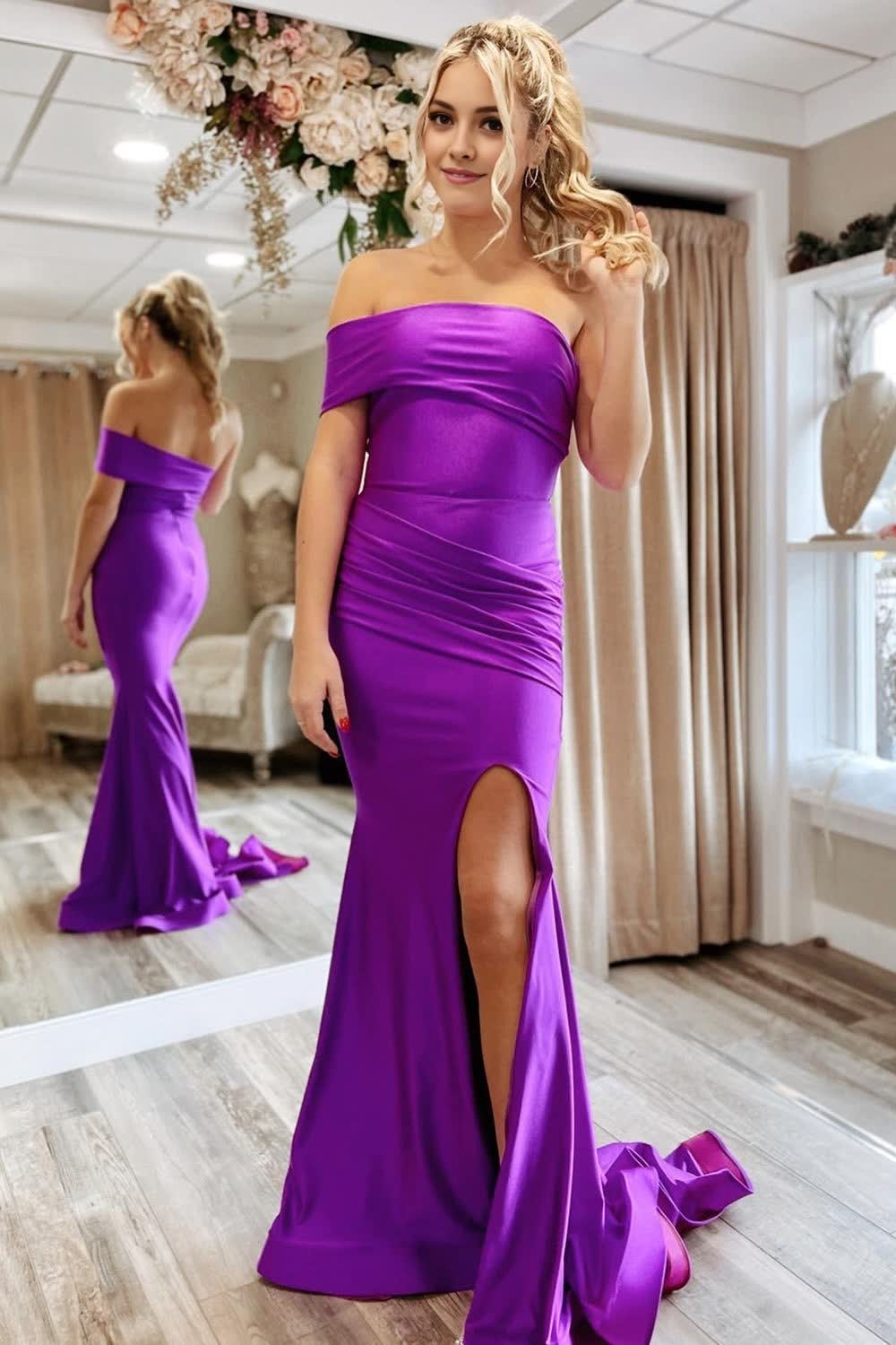 Purple One Shoulder Mermaid Long Corset Prom Dress outfits, Purple One Shoulder Mermaid Long Prom Dress