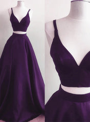 Purple Satin Two Piece Long Party Dress, A-line Purple Evening Dress Corset Prom Dress outfits, Bridesmaid Dress Sleeveless