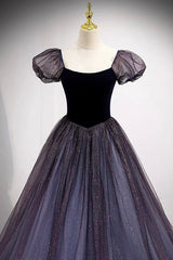 Purple Scoop Tulle Long A-Line Corset Prom Dress, Lovely Short Sleeve Evening Dress outfit, Bridesmaid Dresses Shop