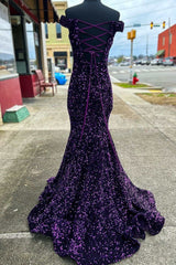 Purple Sequin Off-the-Shoulder Lace-Up Mermaid Corset Prom Dresses Evening Gowns outfit, Party Dress Inspiration