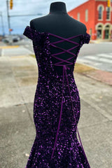 Purple Sequin Off-the-Shoulder Lace-Up Mermaid Corset Prom Dresses Evening Gowns outfit, Party Dresses Ladies