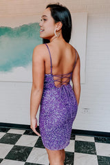 Purple Sequins Backless Tight Short Corset Homecoming Dress outfit, Purple Sequins Backless Tight Short Homecoming Dress