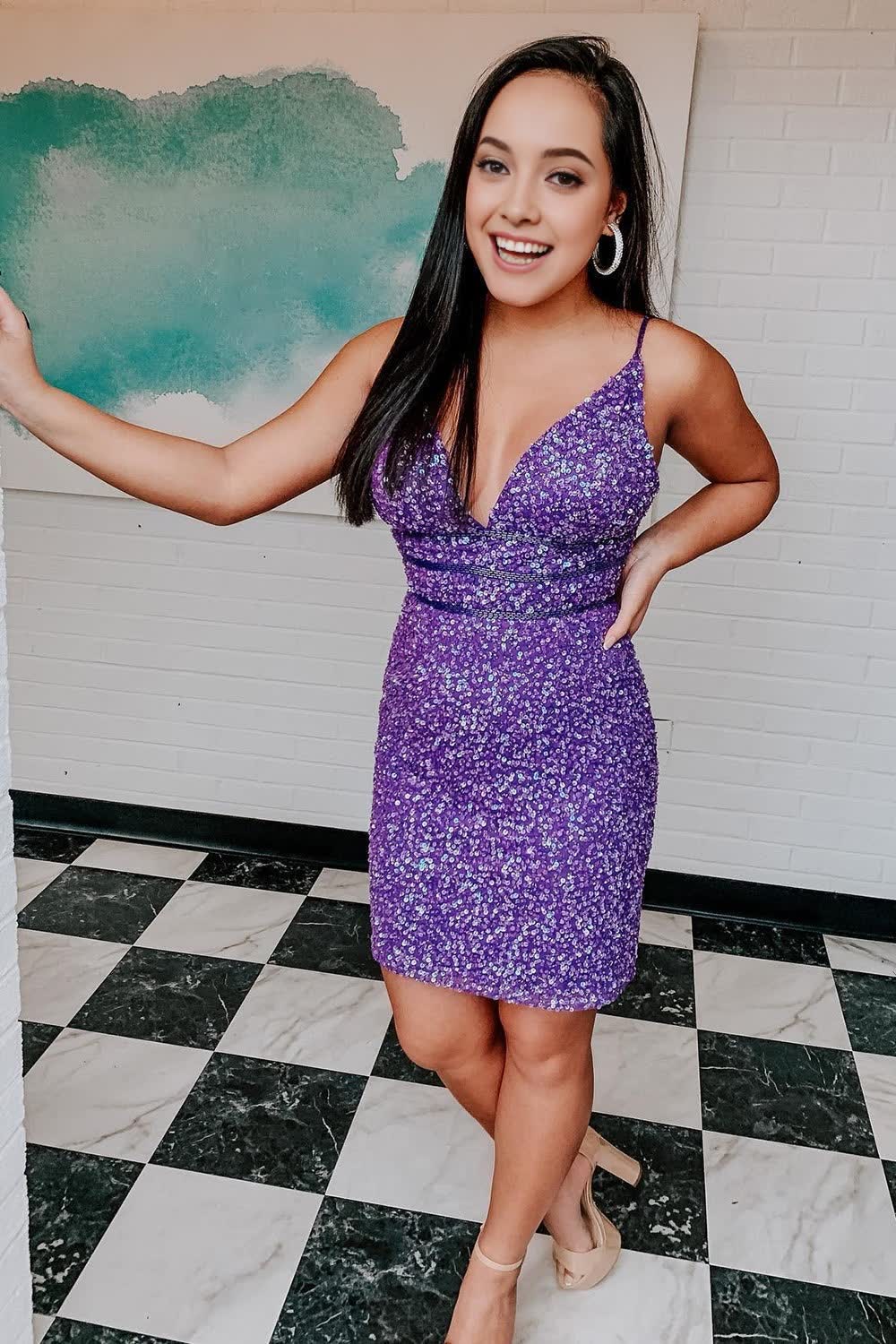 Purple Sequins Backless Tight Short Corset Homecoming Dress outfit, Purple Sequins Backless Tight Short Homecoming Dress