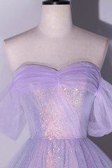 Purple Sequins Long A-Line Corset Prom Dress, Off the Shoulder Evening Party Dress Outfits, Formal Dresses For Weddings
